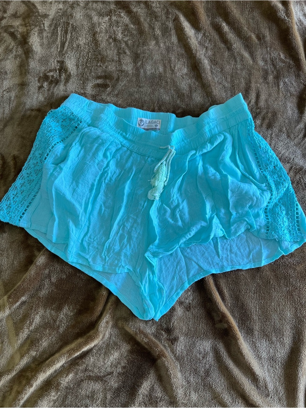Lagaci Turquoise Crochet-Trim Lounge Shorts